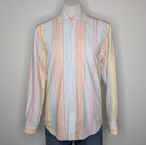 Etro Blue White Colorful Striped Long Sleeve Button Up Shirt 39 - Picture 1 of 9